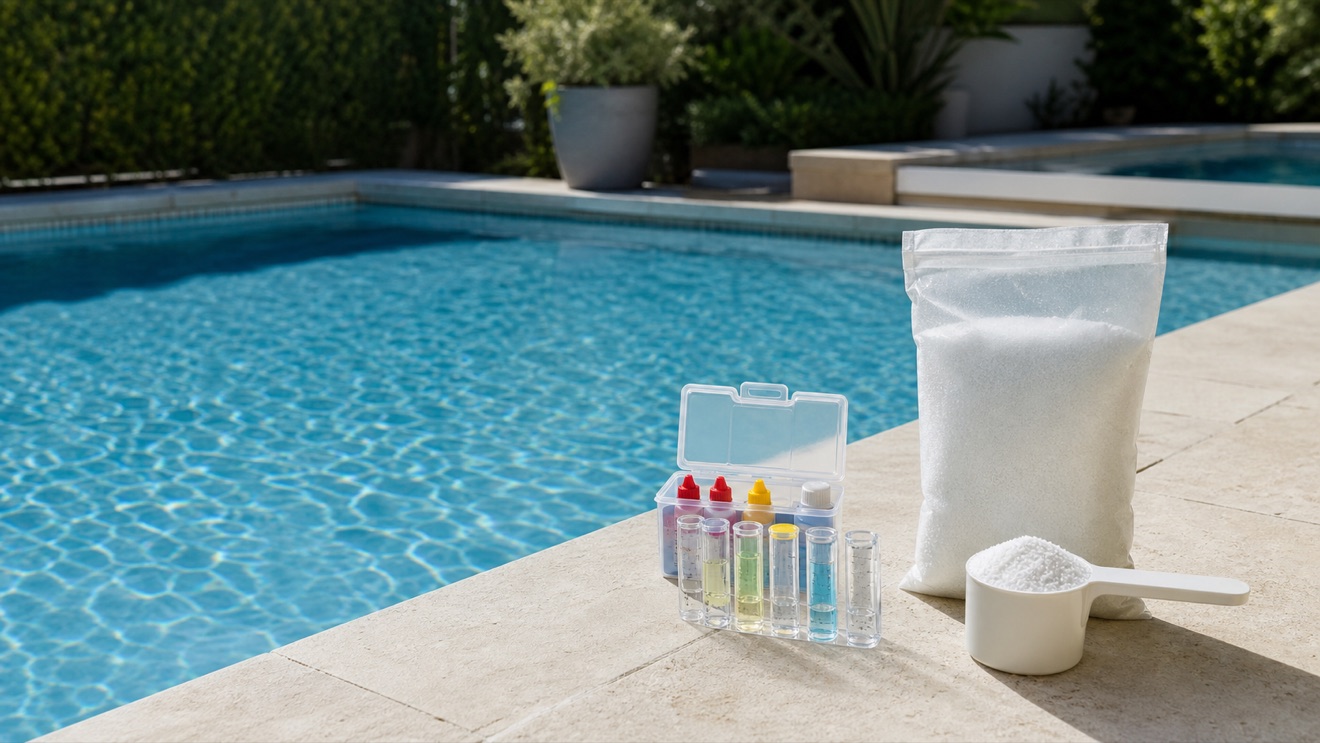 Saltwater pool maintenance tools beside clean pool water